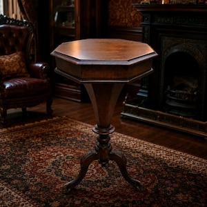 Peut inclure: Une table piédestal en bois brun dotée d'un plateau octogonal. La table est soutenue par une colonne centrale unique qui s'évase vers le haut et repose sur une base tripode avec des pieds incurvés.