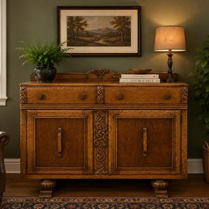 Peut inclure: Un buffet en bois doté de deux tiroirs à boutons carrés et de deux portes de placard avec poignées verticales. Le meuble présente un panneau central sculpté de motifs floraux, une crédence décorative et quatre pieds en boule.