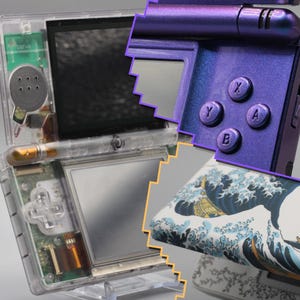May include: A handheld gaming console featuring a transparent casing that reveals internal components, including a speaker and circuit board. Another section shows a metallic purple finish with A, B, X, and Y buttons, and a graphic of a large ocean wave.