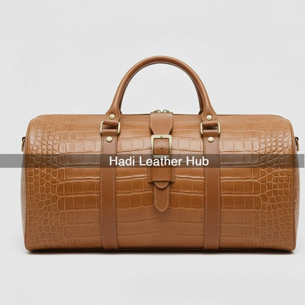 Crocodile Embossed Leather Duffle Bag, Brown Leather Travel Bag, Luxury Weekender Bag for Men, Handmade Leather Gym Bag, Carry On Bag