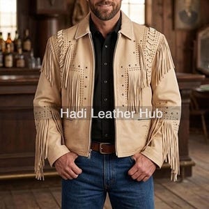 Men Tan Leather Fringe Jacket Western Cowboy Style Studded Tassel Beaded Jacket Vintage Leather Coat New Stylish Personalized Gift For Him