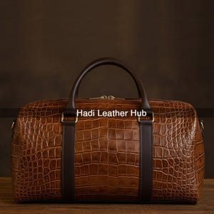 Luxury Crocodile Leather Duffle Bag for Men, Handmade Brown Weekender Bag, Premium Travel Bag, Leather Gym Bag, Personalized Gift for Him