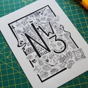 NW3, Hampstead Heath, Chalk Farm, A5 Art Print, Postcode Illustration