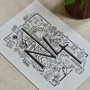 May include: Monochrome illustration of Finsbury Park, showcasing local businesses and landmarks. The artwork includes the words "Finsbury Park", "Park Theatre", and "Brewed". A guitar, bicycle, and other icons are also included.