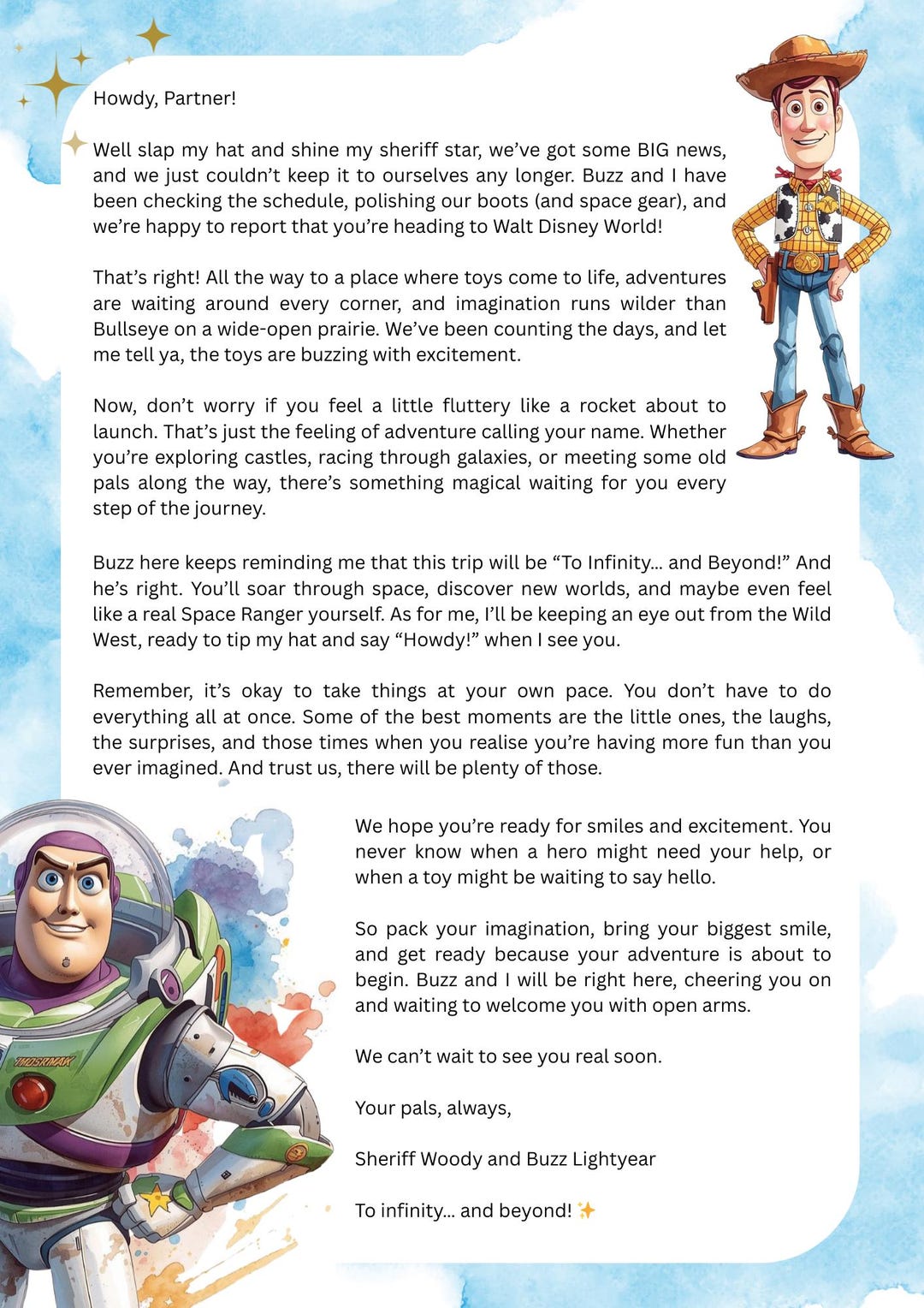 Printable Toy Cowboy & Space Ranger Letter – Disney World Trip Surprise ...