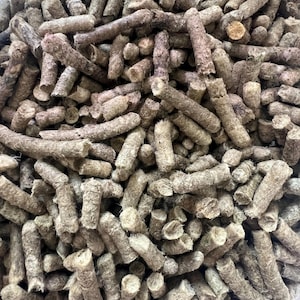 May include: Close-up of a pile of cylindrical, light brown pellets. The pellets have a rough, textured surface and vary in length. The image is well-lit, showing the details of the pellets. The pellets appear to be a natural product.
