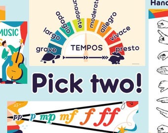 Könnte beinhalten: Lehrreiche Musikposter mit farbenfrohen Illustrationen. Enthält ein "Zitate-Set" mit Text, eine Tempoleiste, Handzeichen, Dynamiksymbole sowie Violinschlüssel und Bassschlüssel. Der Text "Pick two!" ist ebenfalls enthalten.