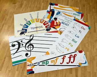Könnte beinhalten: Eine Sammlung von Musik-Lehrplakaten. Ein Poster zeigt Tempoangaben wie "adagio" und "allegro". Ein anderes zeigt Handzeichen für Musiknoten. Weitere Poster zeigen Noten und dynamische Bezeichnungen.