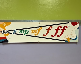 Könnte beinhalten: Rechteckiges Schild mit dem Text "pp p mp mf f ff" in Grün, Orange und Rot. Das Schild hat schwarze diagonale Linien und dekorative Formen auf cremefarbenem Hintergrund. Es ist an einer Wand mit grünen und lila Abschnitten befestigt.