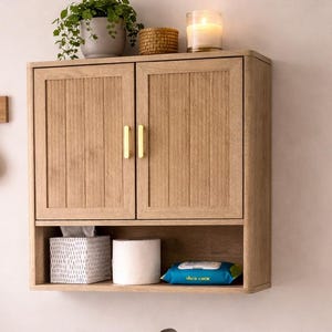 Natural Oak Wood Medicine Cabinet – Storage Organizer with Adjustable Shelves – Rustic Bathroom Wall Storage