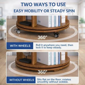 May include: A two-tiered, wooden, rotating bookshelf with the text "TWO WAYS TO USE EASY MOBILITY OR STEADY SPIN." The bookshelf can be used with or without wheels. The bookshelf is shown with books and decorative items.