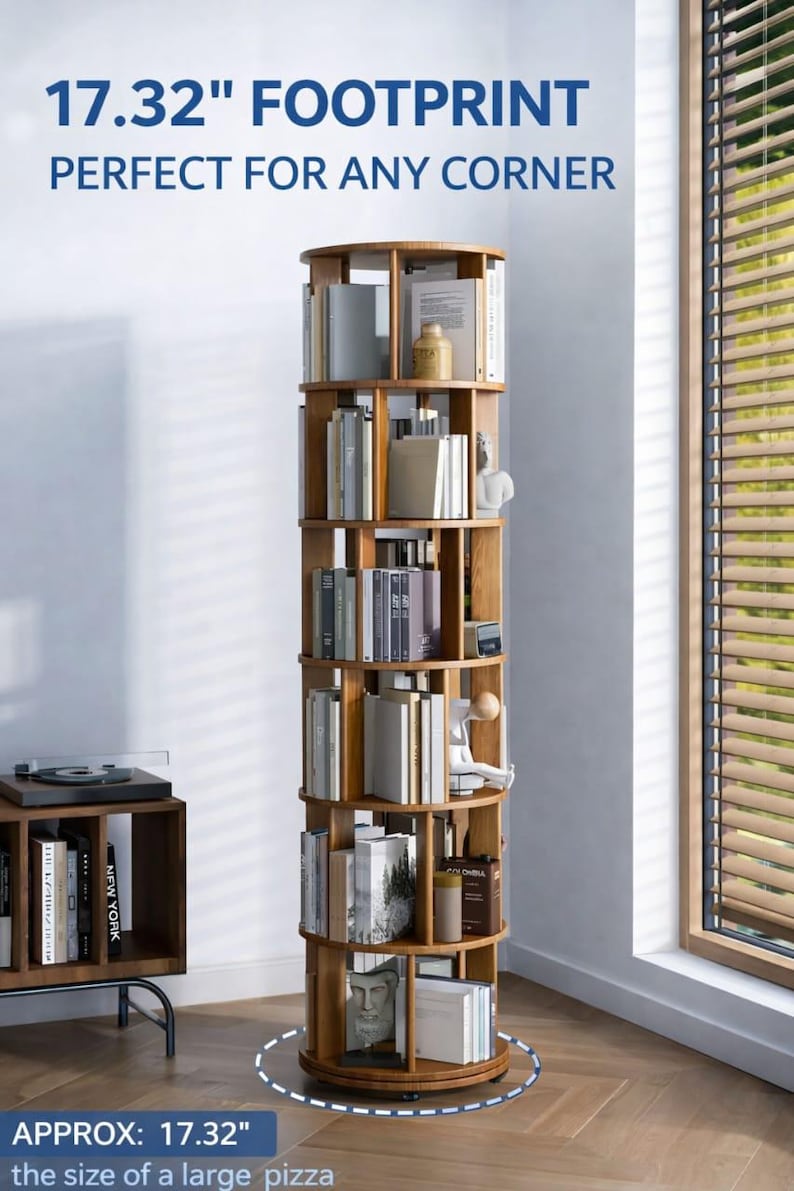 May include: A rotating wooden bookshelf, filled with books and ornaments. The image text reads "17.32" FOOTPRINT PERFECT FOR ANY CORNER". The bookshelf has a footprint of approximately 44 cm, the size of a large pizza.