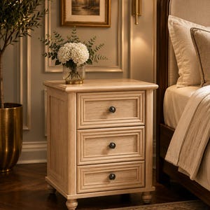 May include: A light-toned wooden nightstand featuring three stacked drawers with recessed paneling and small, dark, round metal knobs. The piece stands on four short, rounded feet and has a rectangular top surface with a smooth, natural wood grain finish.