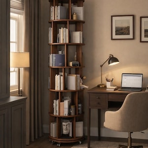 May include: A tall, rotating wooden bookshelf filled with books. The bookshelf is circular with multiple shelves and sits on wheels. A desk with a laptop, lamp, and chair is next to the bookshelf. The room has a neutral colour palette.