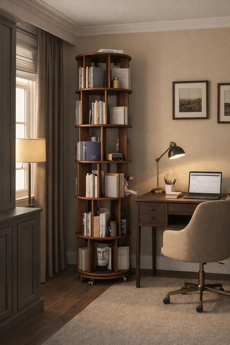 May include: A tall, rotating wooden bookshelf filled with books. The bookshelf is circular with multiple shelves and sits on wheels. A desk with a laptop, lamp, and chair is next to the bookshelf. The room has a neutral colour palette.