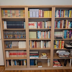 May include: A large, light-colored wooden bookcase with three vertical sections, filled with numerous books of varying sizes, colors, and thicknesses arranged on multiple shelves, creating a dense, organized collection of literature.