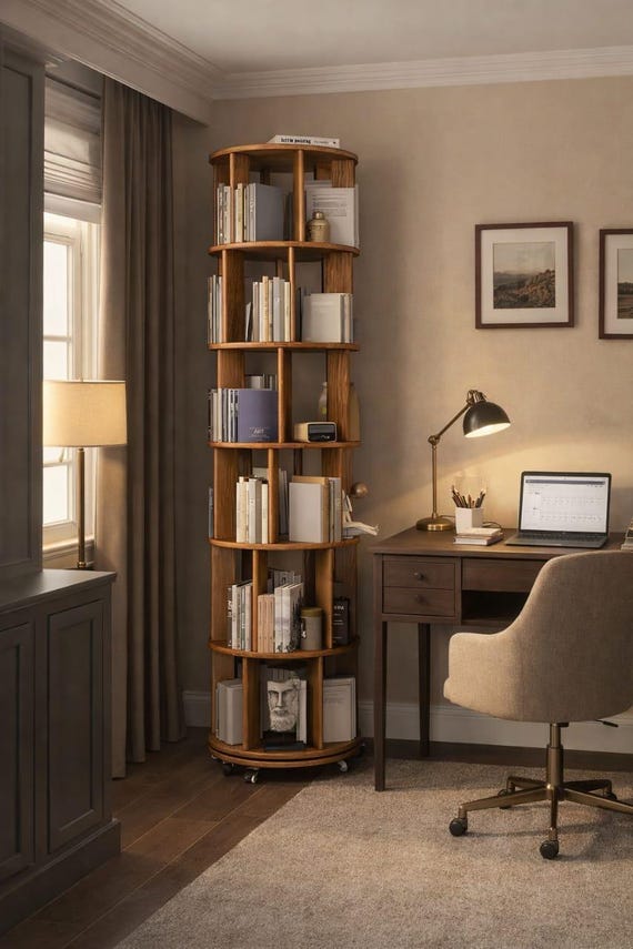 Solid Wood 6 Tier Rotating Bookshelf Tower with Wheels, Spinning Bookcase