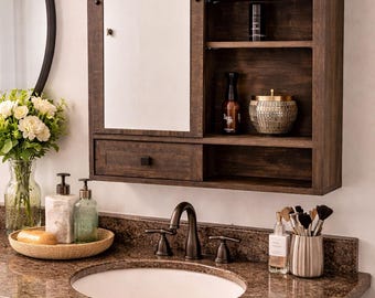 Farmhouse Bathroom Wall Cabinet, Sliding Mirror Door, Rustic Oak Finish, Adjustable Shelves, Towel Bar