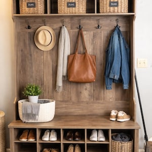 May include: A wooden entryway organizer with a bench, shoe storage, and hooks for hanging items. Includes woven baskets labeled "HOME", a hat, scarf, and a brown leather tote bag. A denim jacket hangs on a hook. Shoes are stored below.