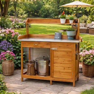 Wooden Potting Bench with Metal Top, Garden Workstation with Storage, Outdoor Gardening Table