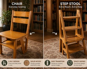 Wooden Folding Step Ladder Chair, 4 Tier Step Stool, 3 in 1 Ladder Chair, Folding Stool for Kitchen Library Bathroom, Plant Display Rack