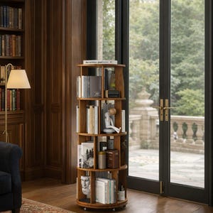 May include: A wooden, multi-tiered, rotating bookshelf filled with books and decorative items. The bookshelf is circular and stands on small wheels. The room features a patterned rug, a floor lamp, and a large window with a view of a garden.