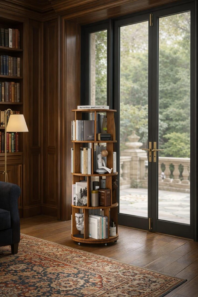 May include: A wooden, multi-tiered, rotating bookshelf filled with books and decorative items. The bookshelf is circular and stands on small wheels. The room features a patterned rug, a floor lamp, and a large window with a view of a garden.