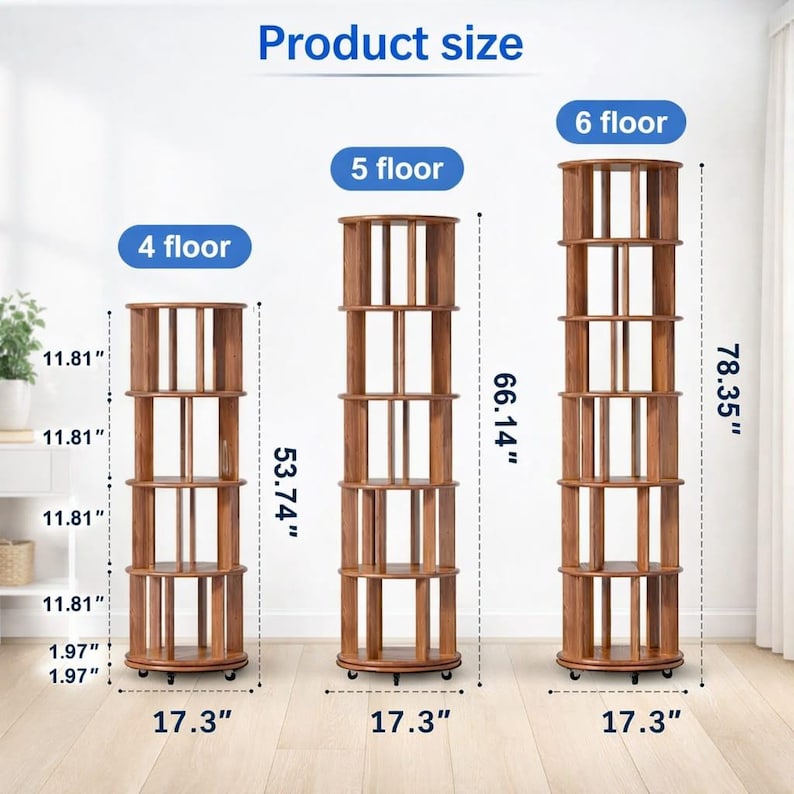 May include: Wooden bookshelves with 4, 5, and 6 tiers. The 4-tier shelf is 136.5 cm tall, the 5-tier is 168 cm, and the 6-tier is 199 cm. Each shelf is 43.9 cm wide and has a depth of 30 cm. The shelves are on wheels.