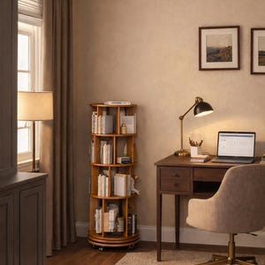 May include: A home office scene with a wooden desk, laptop, desk lamp, and a beige office chair. A wooden, rotating bookcase is filled with books. The room has a neutral colour palette with a beige rug and brown curtains.