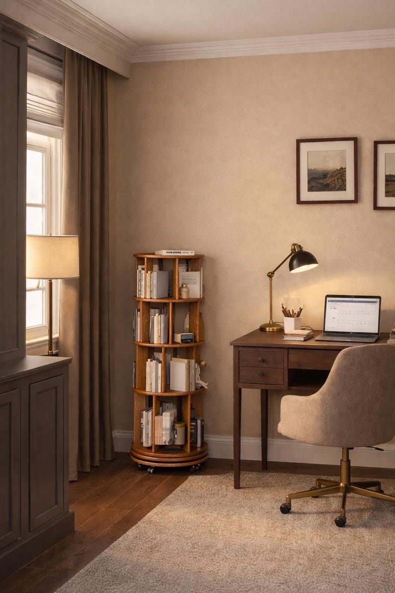 May include: A home office scene with a wooden desk, laptop, desk lamp, and a beige office chair. A wooden, rotating bookcase is filled with books. The room has a neutral colour palette with a beige rug and brown curtains.