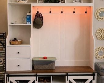 Farmhouse Hall Tree with Bench and Shoe Storage, Entryway Coat Rack with LED Light, Shoe Cabinet with Drawers, Mudroom Storage Organizer