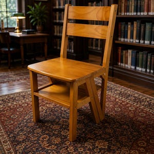 May include: A light brown wooden convertible chair that functions as a step stool. The piece features a flat seat, a horizontal backrest slat, and a lower shelf. The structure is crafted from smooth, polished wood with visible grain patterns throughout.