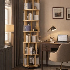 May include: A light wood, rotating bookcase filled with books. The bookcase has a circular design with multiple shelves. A desk with a laptop, lamp, and chair are in the background. The room has a neutral colour palette.