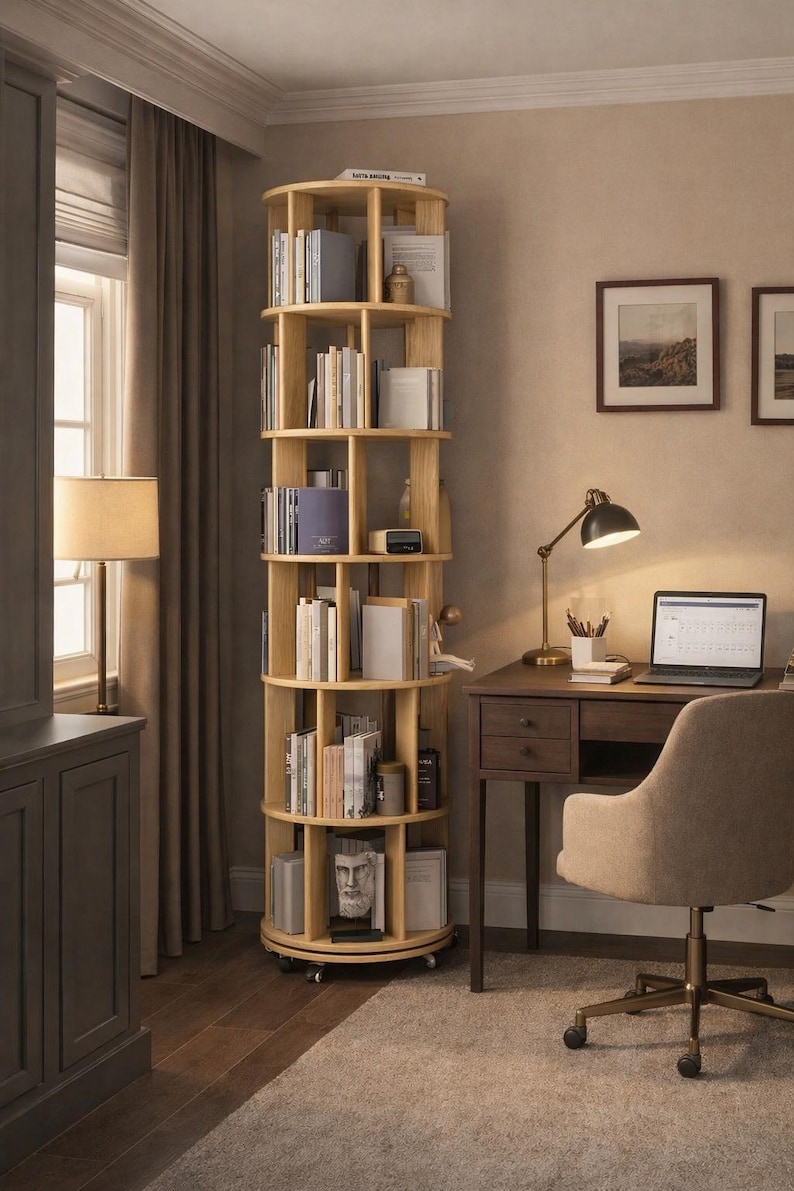 May include: A light wood, rotating bookcase filled with books. The bookcase has a circular design with multiple shelves. A desk with a laptop, lamp, and chair are in the background. The room has a neutral colour palette.