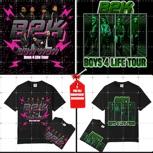 Pode incluir: Camisetas pretas com designs da turnê B2K e Bow Wow. Um design é rosa e preto, o outro verde e preto. As camisetas são exibidas com uma etiqueta vermelha que diz "2 PNG FILE TRANSPARENT BACKGROUND".