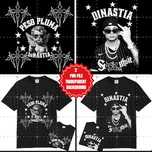 Könnte beinhalten: Schwarze T-Shirts mit weißen Grafiken. Ein Design zeigt einen Engel mit Sonnenbrille und den Text "PESO PLUMA" und "DINASTIA". Das andere Design zeigt eine Person mit Sonnenbrille und dem Text "DINASTIA". Enthält ein Etikett "PNG FILE TRANSPARENT BACKGROUND".