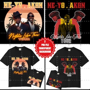 Może przedstawiać: Czarne koszulki z napisem "NE-YO. AKON" i grafiką trasy. Projekt zawiera wizerunki artystów oraz słowa "Nights Like This Tour". Obraz zawiera również czerwoną gwiazdę z napisem "2 PNG FILE TRANSPARENT BACKGROUND".