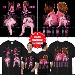 May include: Black t-shirts featuring a pink graphic design with the text "THE R&B TOUR" and the names "Usher" and "Chris Brown." The design includes images of the artists and tour dates. The image also includes a PNG file with a transparent background.