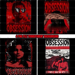 May include: A set of four digital graphic designs featuring the word OBSESSION in red and black. The images include portraits, text reading ONE WISH WILLOW, and handwritten notes with the phrase BE CAREFUL WHO YOU WISH FOR on a dark background.