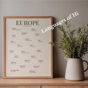 May include: A framed print titled "EUROPE Languages of Hi" in a light wood frame. The print features various greetings in different European languages. A white pitcher with greenery sits on a wooden surface next to the framed print.