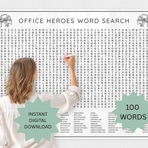 Puede incluir: Un rompecabezas de búsqueda de palabras titulado "Office Heroes" con 100 palabras, con una mujer señalando el rompecabezas. Incluye el texto "Descarga digital instantánea".