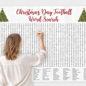 May include: A Christmas Day Football Word Search game sheet featuring a large grid of letters, the title in red script, and two decorated Christmas trees. Below the grid is a list of football and holiday-themed words to find in the puzzle.