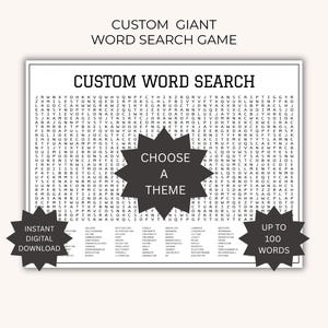Pode incluir: Um jogo de palavras cruzadas personalizado com o texto "CUSTOM WORD SEARCH" no topo. O jogo inclui opções para escolher um tema e até 100 palavras. As palavras são dispostas em uma grade, com as palavras listadas abaixo. As palavras estão em texto preto.