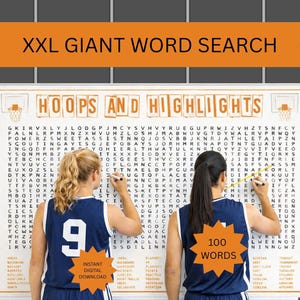 以下が含まれることがあります： バスケットボールのジャージを着た2人の女性が、「Hoops and Highlights」というタイトルの巨大な単語検索パズルに取り組んでいます。 パズルボードには「XXL Giant Word Search」というテキストがあり、「100 Words」が表示されています。 画像には「Instant Digital Download」という単語が含まれています。