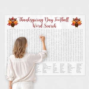 May include: A large white poster featuring the text Thanksgiving Day Football Word Search in red script. The design includes two turkey illustrations with footballs and a grid of letters with a list of words at the bottom for a game activity.