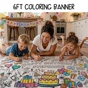 Op de afbeelding: Een 183 cm lange kleurposter met zwart-witte lijntekeningen van verjaardagstaarten, cadeautjes, ballonnen en feesticonen. De banner bevat de tekst 'HAPPY BIRTHDAY STEPHANIE' in grote, dikke omlijnde letters die ingekleurd kunnen worden.