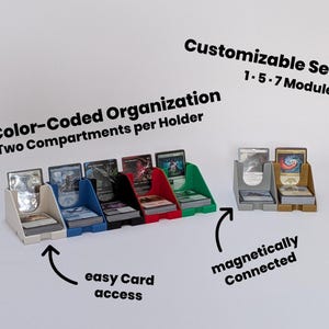 Könnte beinhalten: Eine Land- und Sortierstation für Sammelkarten mit mehreren farbcodierten Haltern, die jeweils zwei Fächer besitzen. Die Module sind magnetisch verbunden und ermöglichen einen einfachen Zugriff auf die Karten. Der Text umfasst LAND STATION / SORTING STATION, Customizable Sets 1-5-7 Modules, Color-Coded Organization Two Compartments per Holder, easy Card access und magnetically Connected.