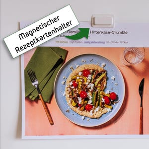 Magnetic recipe card holder for the kitchen – 2-piece clamping system, including pre-mounted adhesive tape