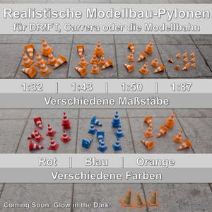 Realistic model pylons/guide cones for Carrera, Hybrid, DR!FT, model making or dioramas. Various scales and colors.