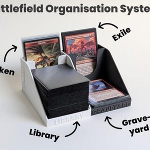 Könnte beinhalten: Ein weiß-schwarzer Kartenorganizer aus Kunststoff mit der Aufschrift Battlefield Organisation System. Er verfügt über Fächer für Bibliothek, Friedhof, Exil und Spielsteine, in denen jeweils Stapel von Sammelkarten platziert sind.
